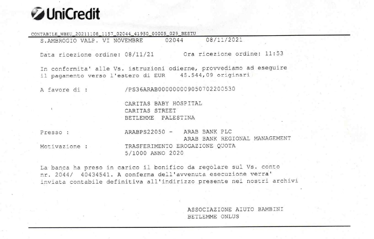 Trasferimento 5x1000 al Caritas baby Hospital